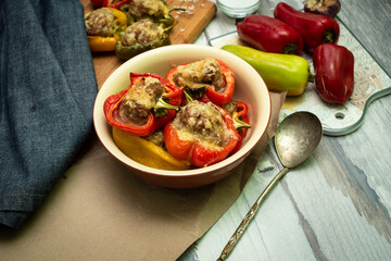 Baked stuffed bell pepper stuffed with minced meat, onions, rice