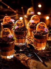 Halloween graveyard chocolate cups dessert with tombstone cookies close up view. Halloween food idea for  party.
