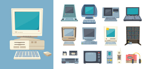 Retro pc and electrical devices set. Gadgets with builtin case loaded from floppy disks tube TV cassette player color music panel old electronic pc various shapes information. Flat electronic vector.