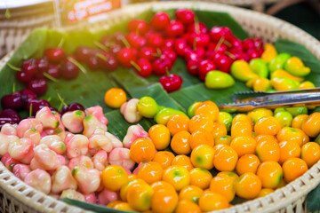 Colorful mixed fruit shape Thai sweet, Thai style dessert Deletable Imitation Fruits from the food market in Thailand