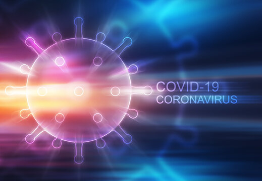 Blank abstract background on the theme of the COVID-19 coronavirus pandemic. Neon hologram of a virus model.