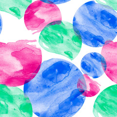 Abstract seamless watercolor background with geometric shapes. Beautiful rainbow circles, balls, bubbles. Beautiful abstract background. round abstract spot. For fabric, cover, packaging, material