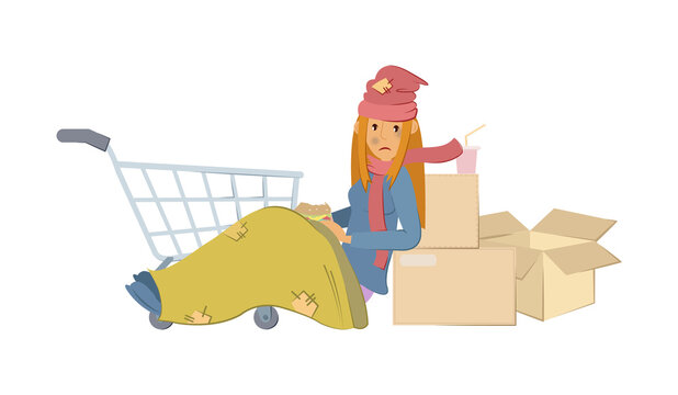 Homeless people concept. Young woman begging money and needing help. Homeless unemployment young tired girl in rags sitting among boxes and rubbish, wrapped in cloth on street isolated