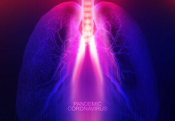 Fototapeta na wymiar Blank abstract background on the theme of the COVID-19 coronavirus pandemic. Neon hologram model of the lungs. 3d illustration
