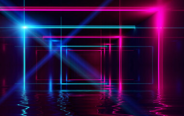 Abstract dark futuristic background. Ultraviolet neon light rays are reflected off the water. Background of empty stage show, beach party. 3d illustration