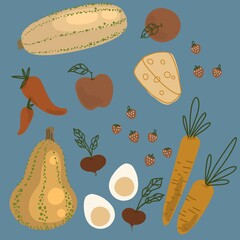 vegetables pattern food carrots pumpkin chilli apple eggs strawberries 