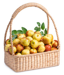 Fresh jujubes with leaves in Bamboo basket, Chocolate jujube with leaves in basket packaging.