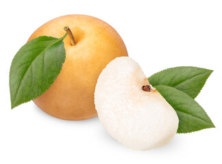 Snow pear with leaf on white background With clipping path, Korean pear or Shingo pear isolated on...