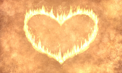 bright magic romantic illustration with a big burning heart in the center, on a neutral orange background. burning flame, sparks of fire, love.