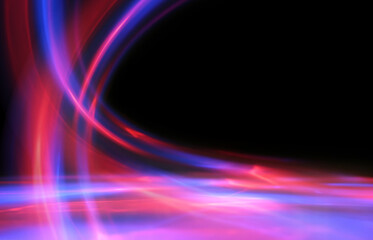 Dark abstract background. Neon multicolored glow. Night party, laser show. Empty concert stage background, reflection of spotlight light.