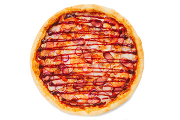 Pizza on a white background. Pizza with salami on a white background. Pizza with sauce. Italian national food.