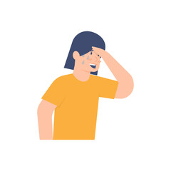 illustration of a woman or girl holding her forehead, feeling hot and feeling unwell. tired, sweating, fever or chills, thirsty, sick. flat style. UI design elements