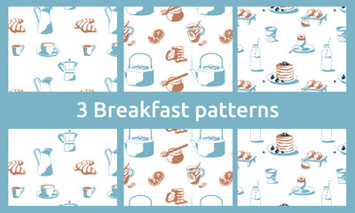 3 breakfast patterns with coffee, tea, honey, croissants, pancakes, milk lemon, biscuits, cookies isolated white background vector illustration