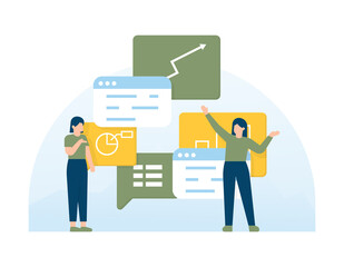 illustration of a team of women analyzing chart data.  Data analysis company management strategy and planning concept. Statistical presentation. flat style. UI element design.