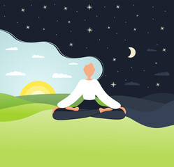 Day and night. Girl in yoga lotus practices meditation. Vector illustration in flat style. Young woman meditating.