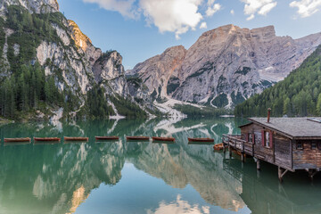 Lake Braies (Lago di Braies or Pragser Wildsee) in Dolomites, South Tyrol, Italy
