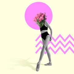 Ballet dancer or performer with pink roses as a head on light studio background. Copyspace. Modern design. Creative conceptual and colorful contemporary art collage.