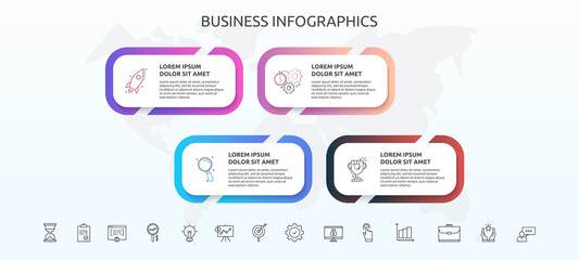 Fototapeta na wymiar Infographics rectangle with 4 steps, icons. Vector template used for diagram, business, web, banner, workflow layout, presentations, flowchart, info graph, timeline, levels, chart, processes diagram