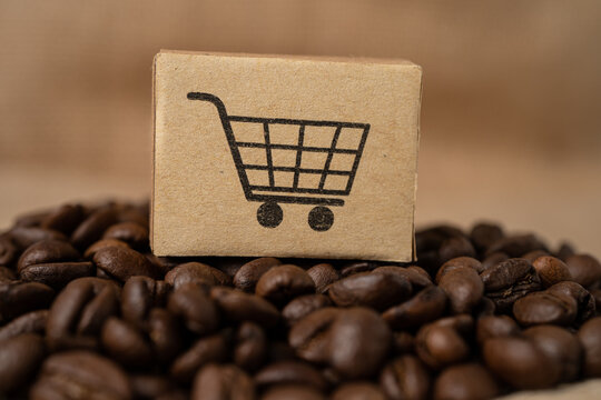 Box with shopping cart logo symbol on coffee beans, Import Export Shopping online or eCommerce delivery service store product shipping, trade, supplier concept.