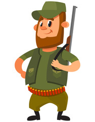 Standing hunter front view. Male character in cartoon style.
