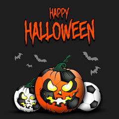 Happy Halloween. Template football design. Soccer balls in the form of a pumpkins on an isolated background. Pattern for banner, poster, greeting card, flyer, party invitation. Vector illustration