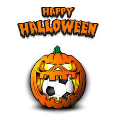Happy Halloween. Soccer ball inside frightening pumpkin. The pumpkin swallowed the ball with burning eyes. Design template for banner, poster, greeting card, party invitation. Vector illustration