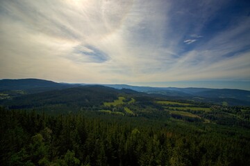 Fototapeta na wymiar View of the wooded green hills of the Šumava National Park, Czech republic, European union, Middle Europe