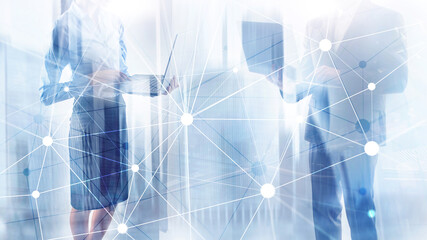 Blockchain network on blurred skyscrapers background. Financial technology and communication concept.