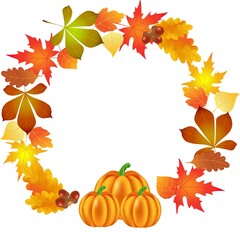 Naklejka na ściany i meble autumn leaves, pumpkin, circle background, illustration, vector,