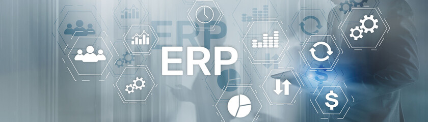 Online ERP system concept on abstract business mixed media background.