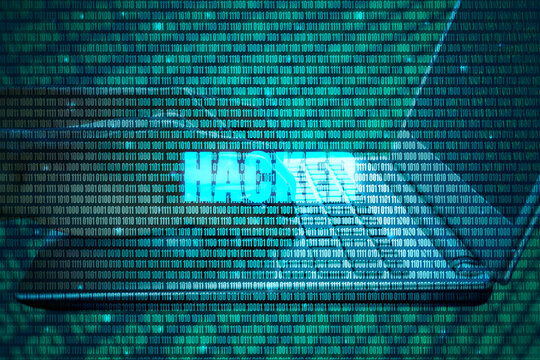 Technological crime hackers use a laptop or notebook to hack high-security computer code to thief the information. Design double exposure binary code background for technology cyber, Concept of Protec