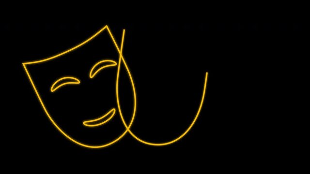 Self drawing animation of drama, comedy and tragedy golden masks outlines. Line art on black background. Theatre symbol. Copy space.
