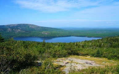Landscape view of islands in the Mount Desert Narrows seen from Cadillac Mountain in Acadia National Park, Mount Desert Island, Maine, United States
