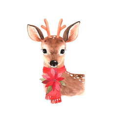 cute animal christmas deer with horns and red scarf and flower, watercolor illustration isolated on white background