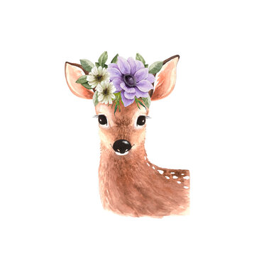 cute young deer with a bouquet of flowers on his head, illustration watercolor
