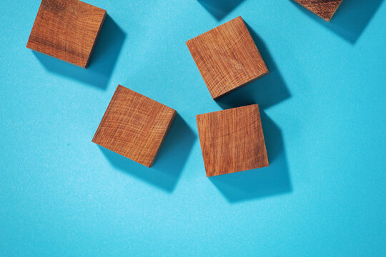 Wooden Toy Blocks On Blue Background, Top View