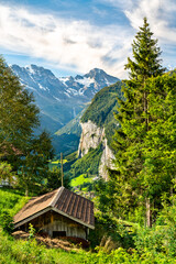 Fototapeta na wymiar Panorama of the Lauterbrunnen valley from Wengen in the Swiss Alps