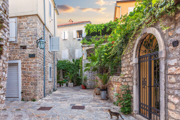 Fototapeta na wymiar Traditional medieval european street in the Old Town of Budva, Montenegro