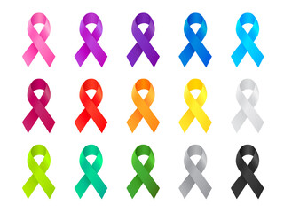 Cancer Ribbon. Awareness ribbon different color set. International Day of cancer, World Cancer Day. Vector illustration design.