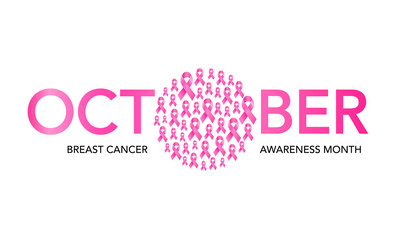 October breast cancer emblem sign for awareness month with pink ribbon symbol. Illustration.