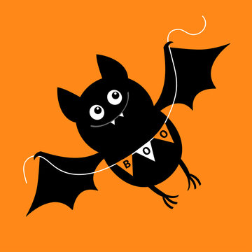 Flying bat holding bunting flag Boo. Happy Halloween. Cute cartoon kawaii spooky character. Scary black animal. Smiling face, wings. Orange background Greeting card. Flat design.