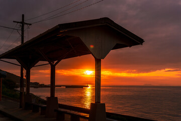 Popular Shimonada station with a view of the sea in Iyo city, Ehime prefecture