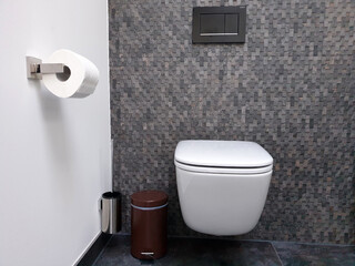 Modernes WC an der Wand mit dunklen Fliesen