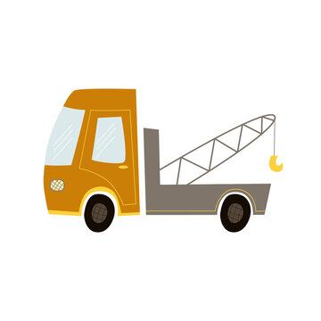 illustration of a cute orange car with a crane on a white background. Tow truck with a yellow hook. for design, children's print for a boy. in flat style, hand-drawn, vector.