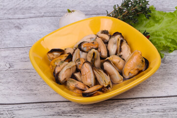 Pickled mussels in the bowl served pepper, garlic and salad
