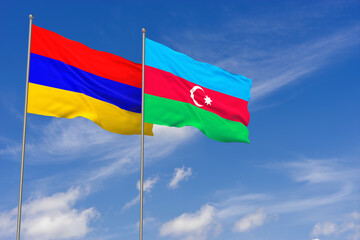 Azerbaijan and Armenia flags over blue sky background. 3D illustration
