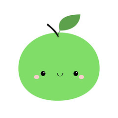 Apple icon. Green color. Cute cartoon kawaii smiling baby character. Funny fruit face. Flat design. White background. Isolated.