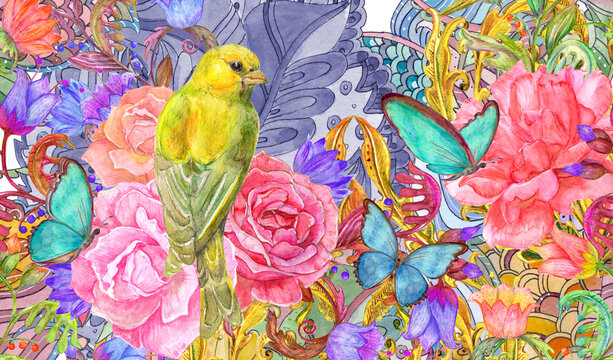 Bizarre Fashion Texture With Abstract Fancy Floral, Bouquet Of Pink Roses And Yellow Bird. Watercolor Painting