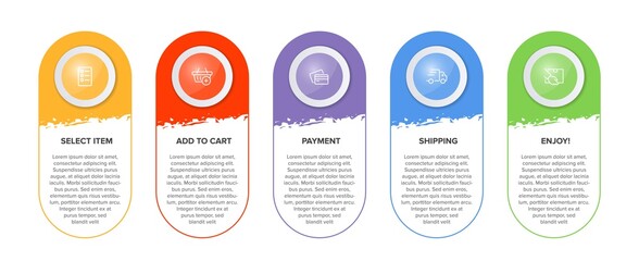 Concept of shopping process with 5 successive steps. Five colorful graphic elements. Timeline design for brochure, presentation, web site. Infographic design layout.