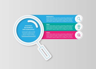 Infographics in the form of flat magnifying glass. Pie chart, graph, diagram with 3 steps, options, parts, processes. Vector business template.